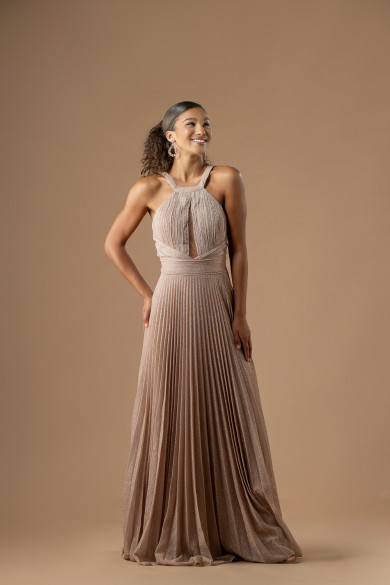 Μακρύ σαμπανί φόρεμα με πλισέ φούστα , ιδιαίτερο μπούστο και glitter