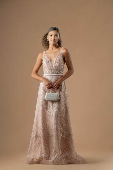 Μακρύ φόρεμα σε Α-γραμμή, δαντέλα με glitter και πέρλες