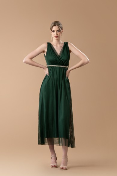 Μακρύ τούλινο φόρεμα με ανοιχτή πλάτη κυπαρισσί