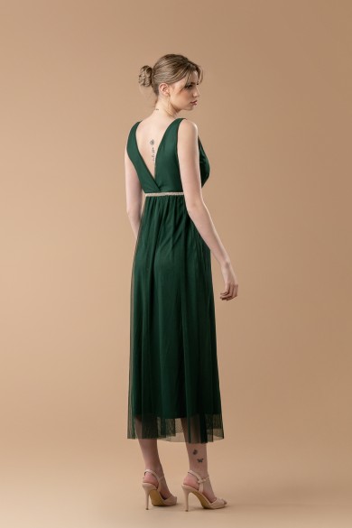 Μακρύ τούλινο φόρεμα με ανοιχτή πλάτη κυπαρισσί