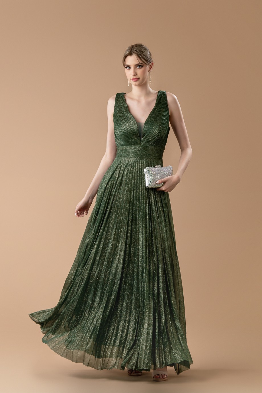 Mακρύ πράσινο φόρεμα με glitter και ντεκολτέ