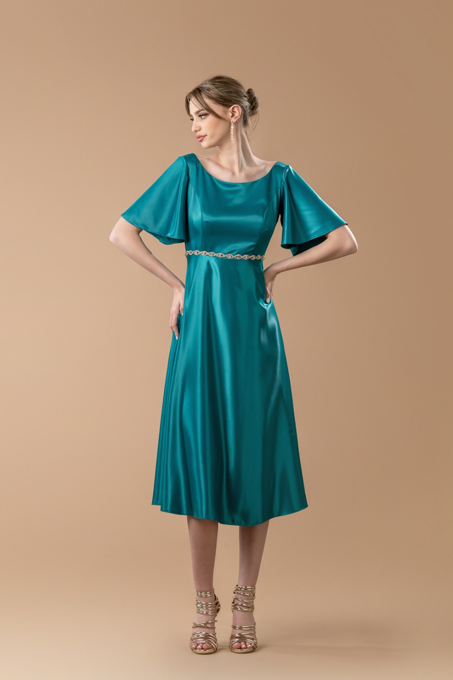 Μίντι πράσινο φόρεμα σατέν 