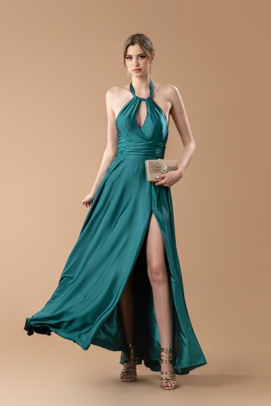 Μακρύ πράσινο σατέν φόρεμα με δετό λαιμό και άνοιγμα στο πόδι
