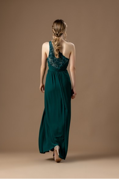 Μακρύ κυπαρισσί φόρεμα με έναν ώμο και πλισέ στο μπούστο Μακρύ κυπαρισσί φόρεμα με έναν ώμο και πλισέ στο μπούστο