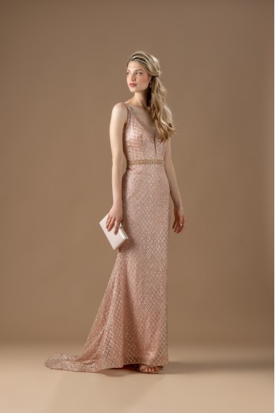 Μακρύ nude φόρεμα με glitter εφαρμοστό σε γοργονέ γραμμή Μακρύ nude φόρεμα με glitter εφαρμοστό σε γοργονέ γραμμή