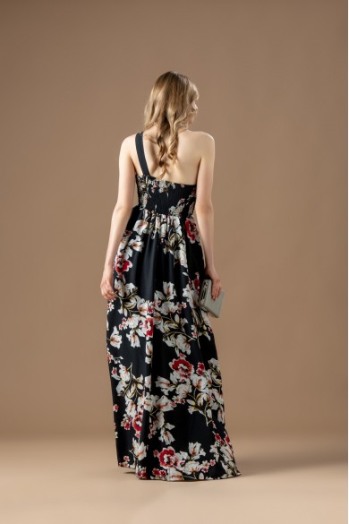 Μακρύ εμπριμέ φόρεμα με έναν ώμο και πιέτες στο μπούστο, Μακρύ εμπριμέ φόρεμα με έναν ώμο και πιέτες στο μπούστο,