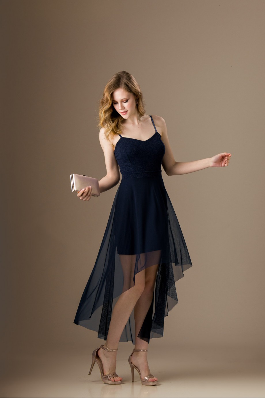 Κοντό ελαστικό σκούρο μπλε φόρεμα με glitter