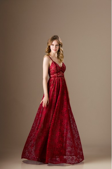 Μπορντό μακρύ φόρεμα απο δαντέλα