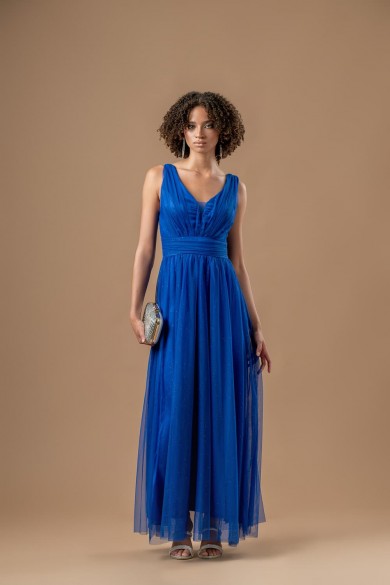 Μακρύ τούλινο μπλε ηλεκτρίκ φόρεμα με πιέτες στο μπούστο 