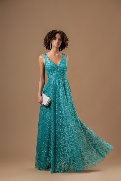 Μακρύ φόρεμα με ύφασμα από glitter τσαγαλί Μακρύ φόρεμα με ύφασμα από glitter τσαγαλί