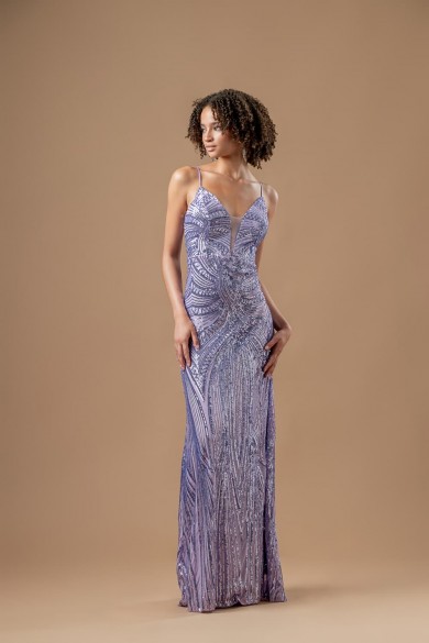 Μακρύ γοργονέ φόρεμα με παγιέτες λιλά