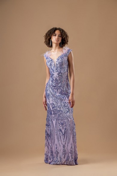 Μακρύ φόρεμα με παγιέτα κεντημένη λιλά